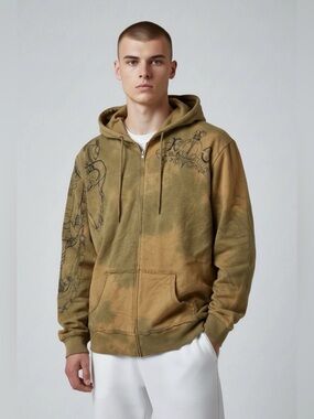 Key Closet Khaki Full Zip Y2K Tie Dye Distressed Graphic Hoodie Size L Deadstock